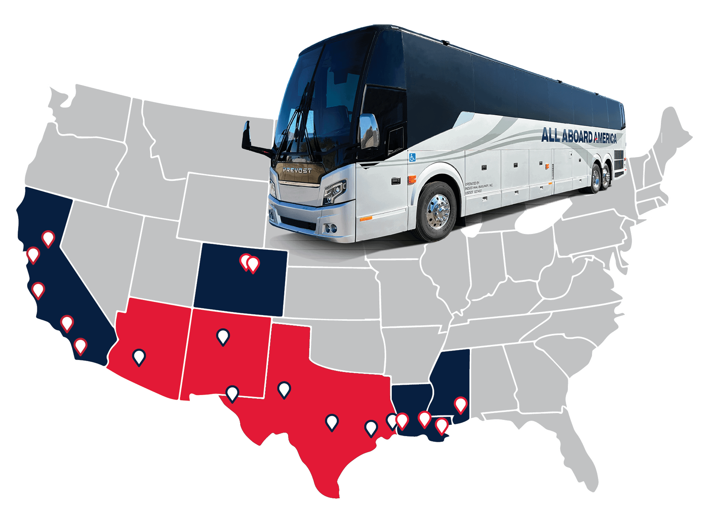 Long-distance black and white bus on a US map with highlighted route states.
