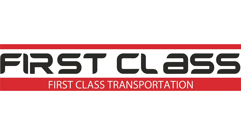 Logo of First Class Transportation featuring bold black and red text on a black background.