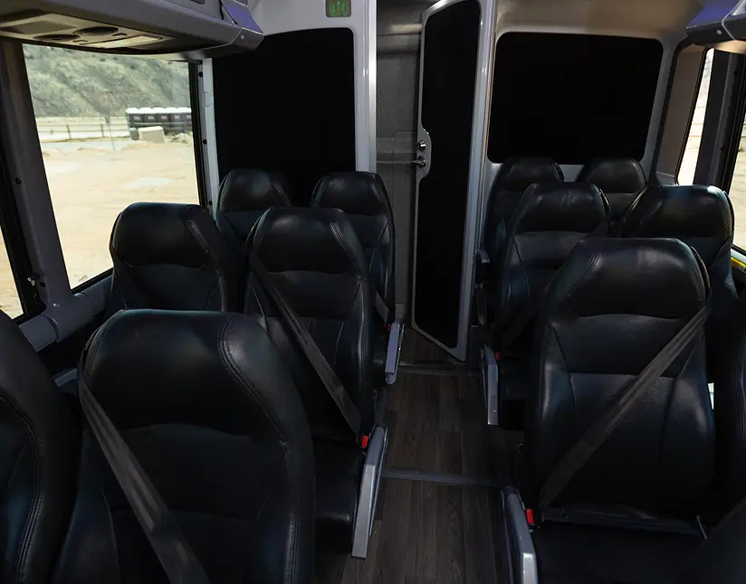 Interior view of Ace Express Coaches motorcoach seats with seat belts.