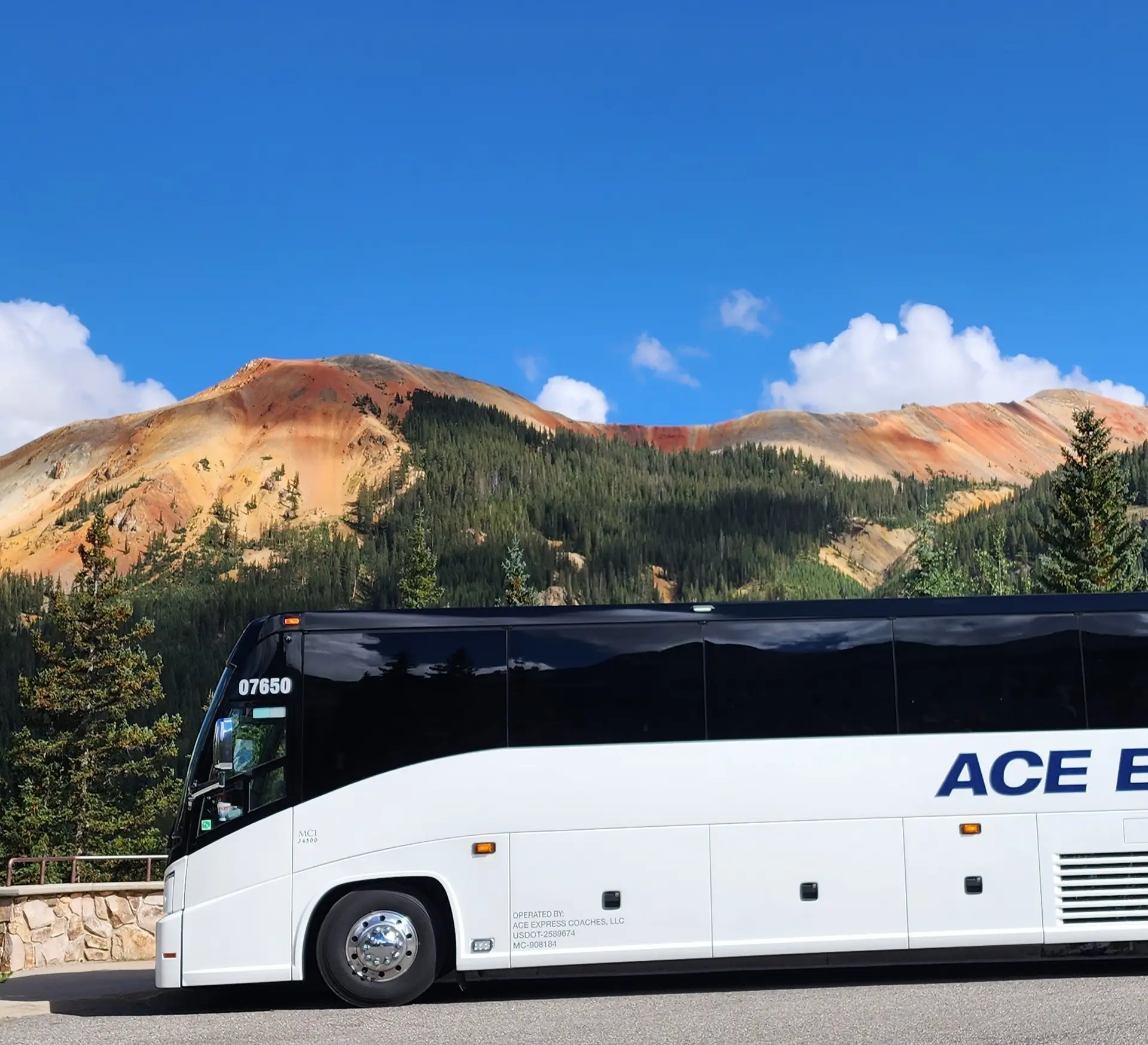 Modern white and black motorcoach with Ace Express Coaches logo against colorful mountain backdrop.