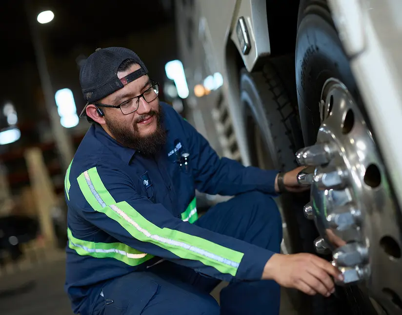 Technician inspecting and servicing a large motorcoach tire at Ace Express Coaches facility.