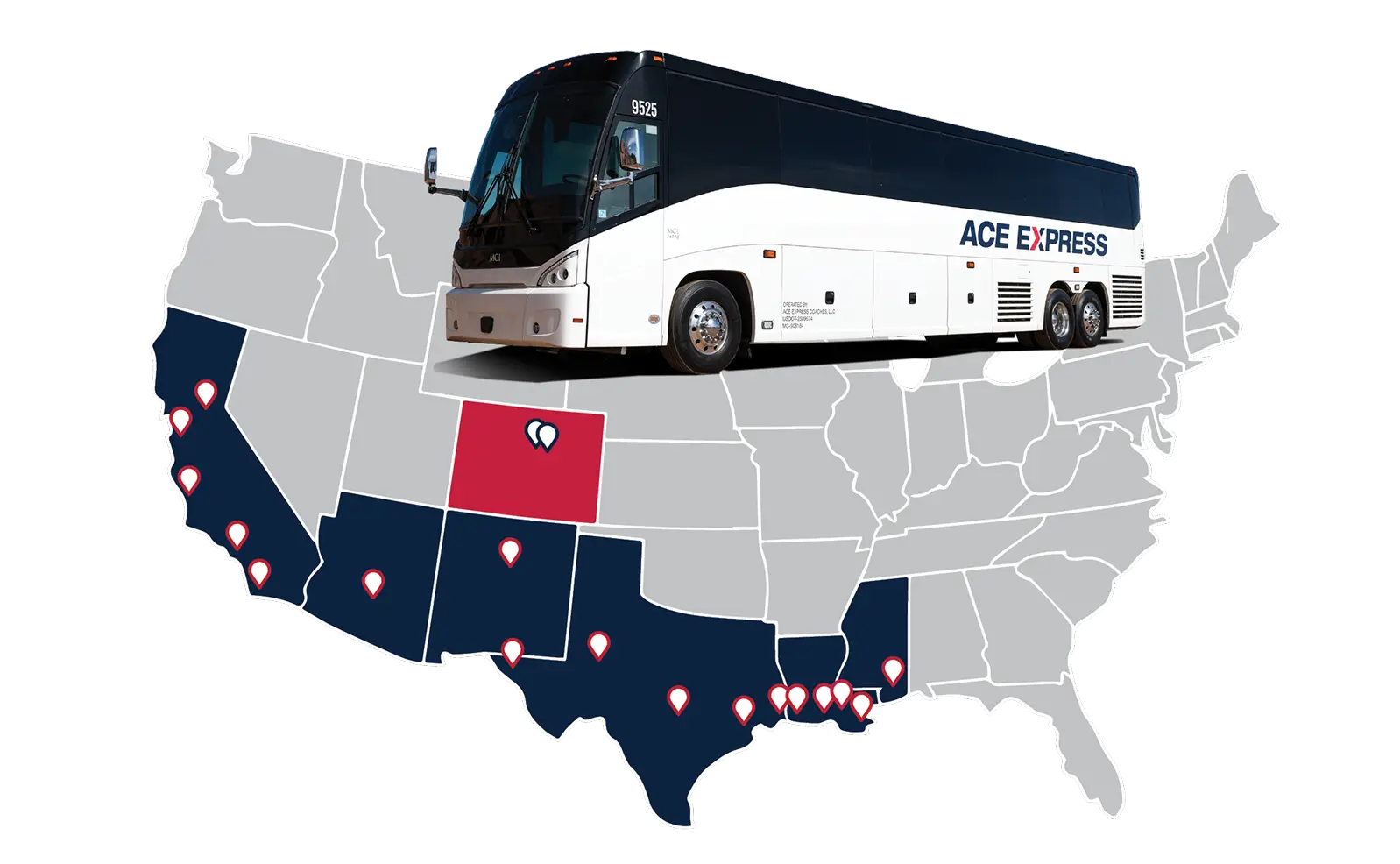 ACE Express Coaches motorcoach on a US map with Colorado highlighted in red to indicate service area. California, Arizona, New Mexico, Texas, Louisiana, and Mississippi are highlighted in blue to indicate other All Aboard America Holdings brand locations.