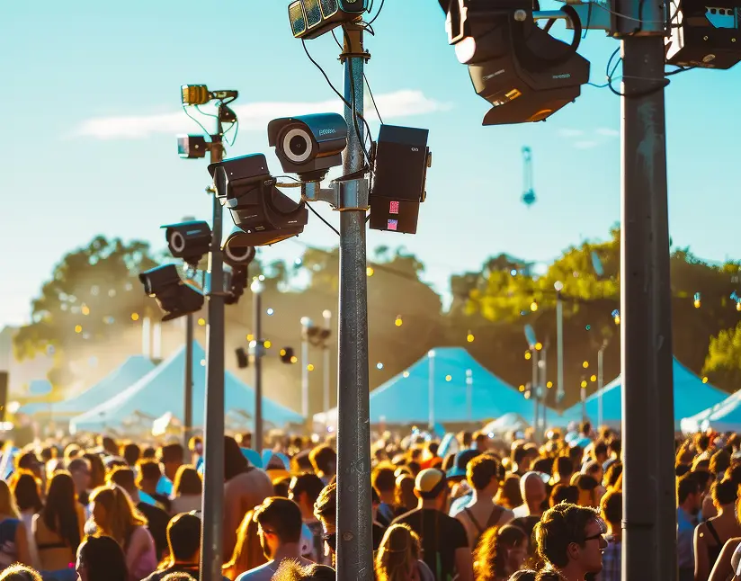 Large crowd at outdoor event with stage and lighting, cameras on poles.