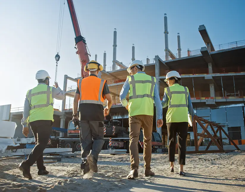 Construction site workers inspecting a building under construction, wearing safety gear.